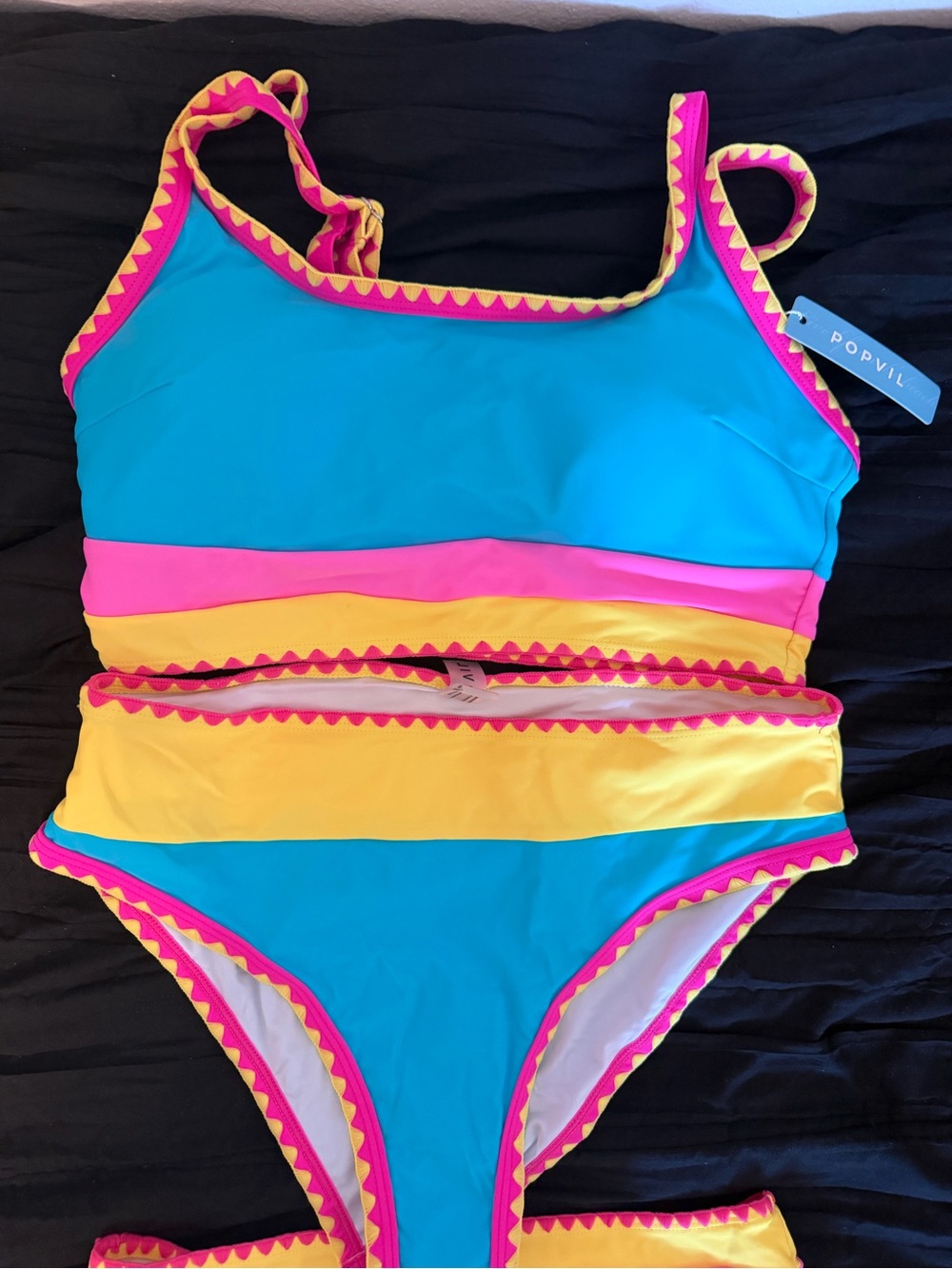 Popvil Women's Colorblock Blue, Pink & Yellow Bikini Set